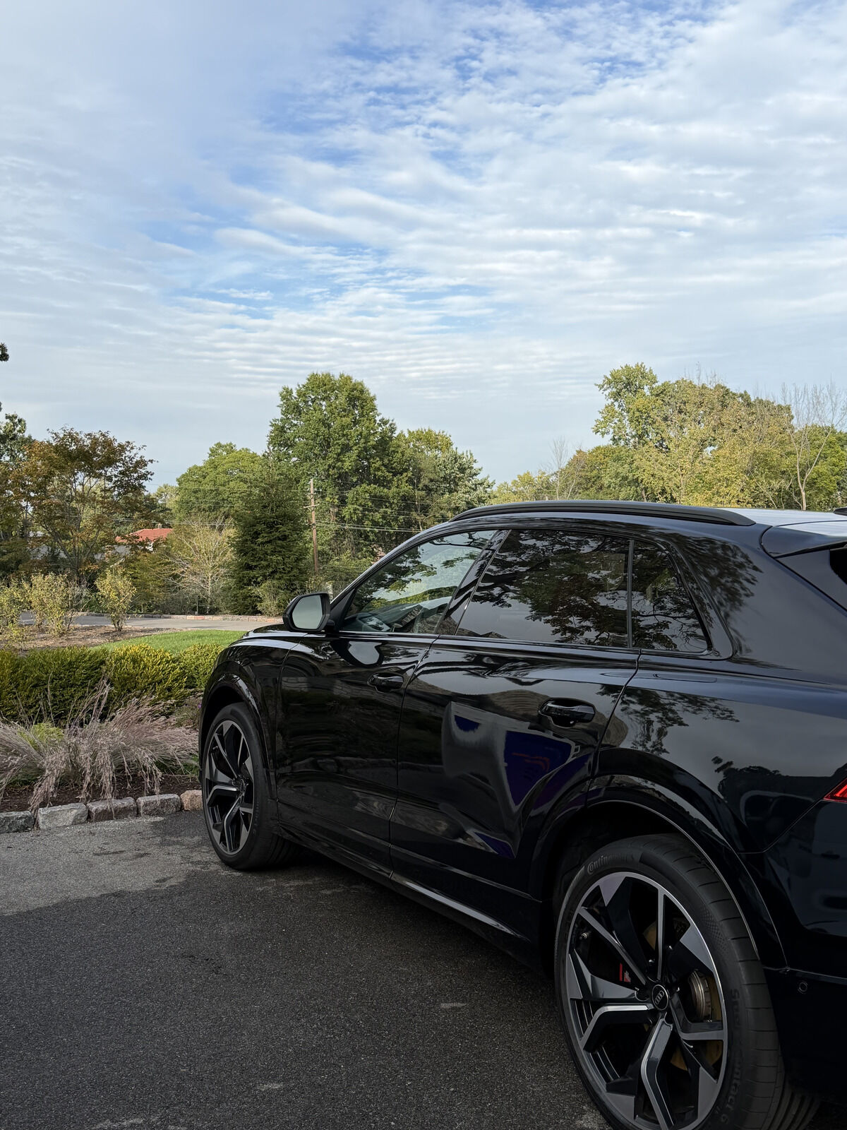 Freshly detailed black Audi SUV parked in a driveway, with paint reflecting the trees